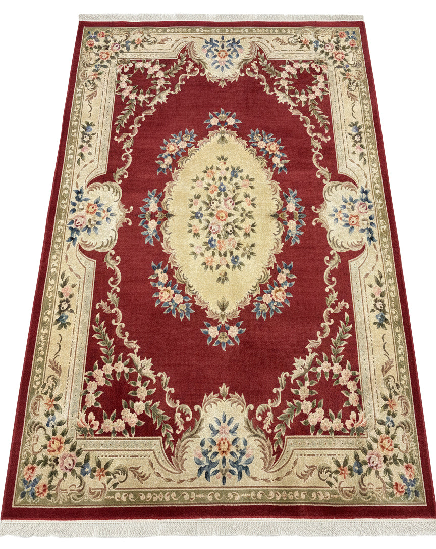Moroccan Deep Red Rug Bordered by Cream Color Tones