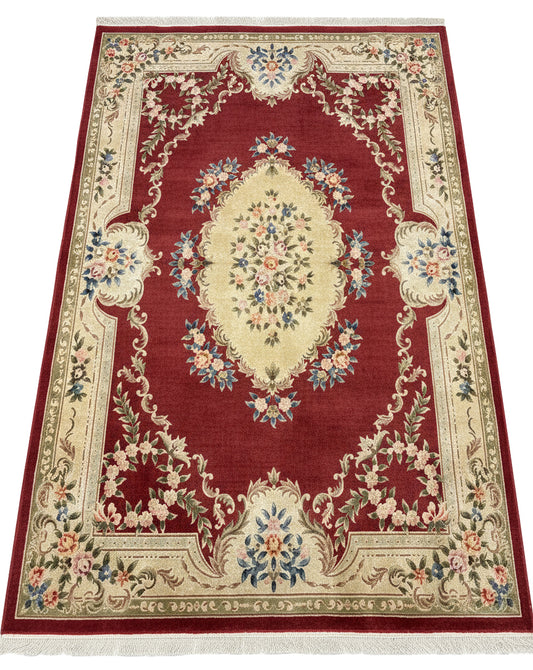 Moroccan Deep Red Rug Bordered by Cream Color Tones