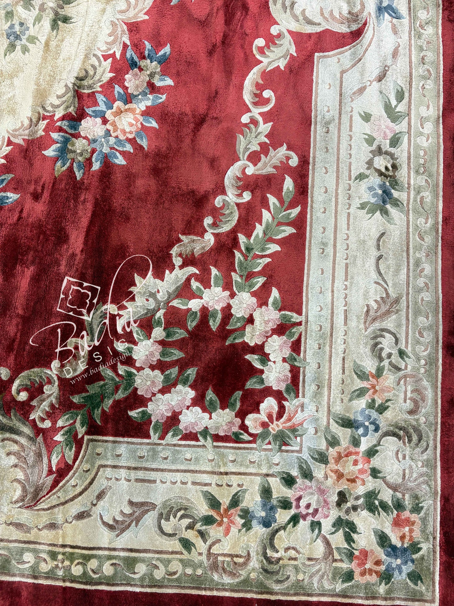 Moroccan Deep Red Rug Bordered by Cream Color Tones