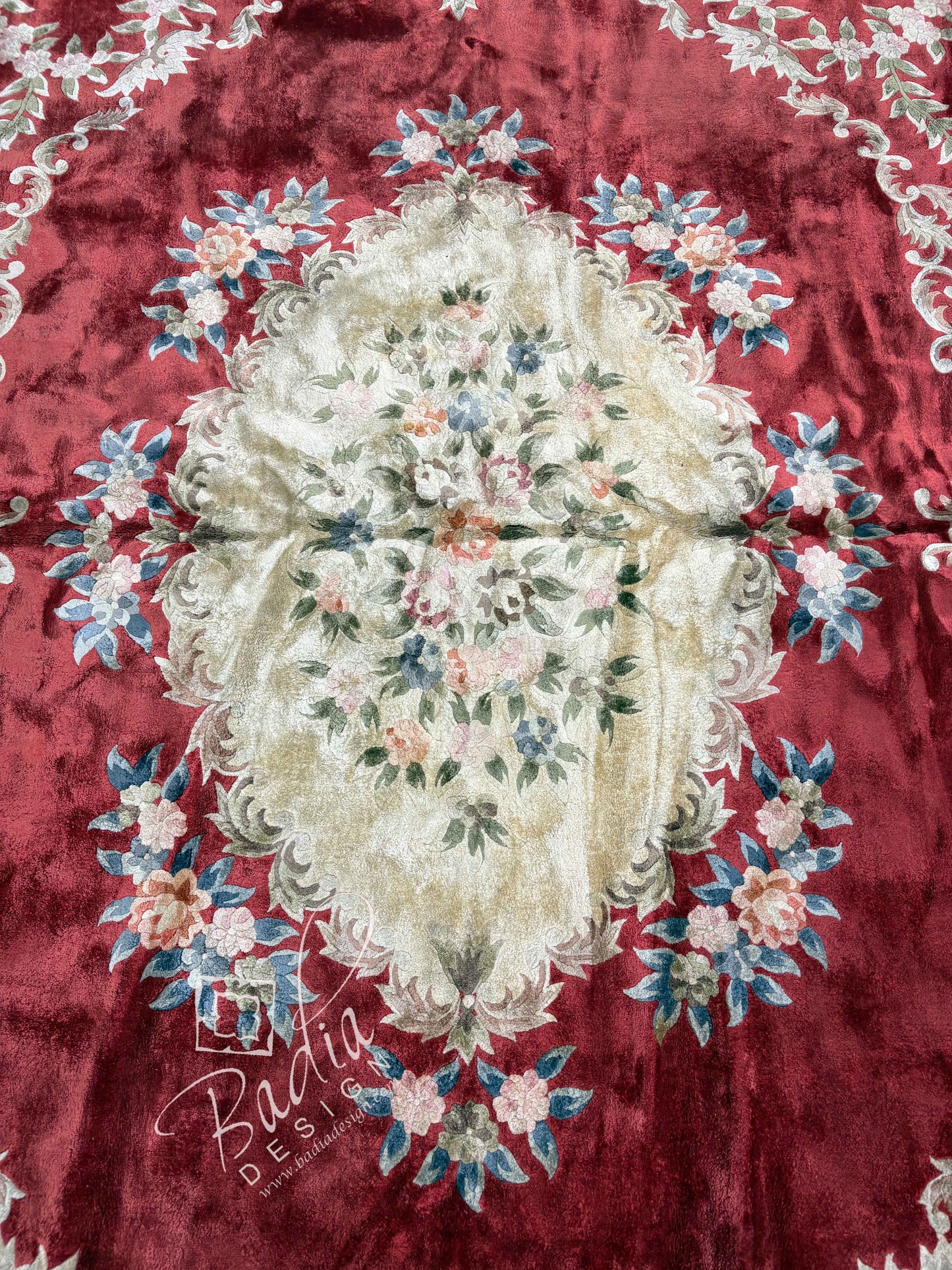 Moroccan Deep Red Rug Bordered by Cream Color Tones