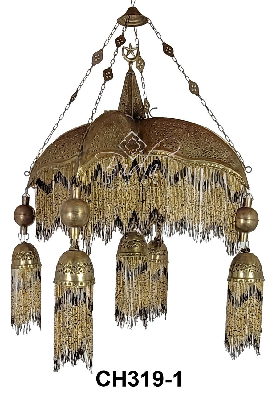 Four Prong Beaded Brass Chandelier