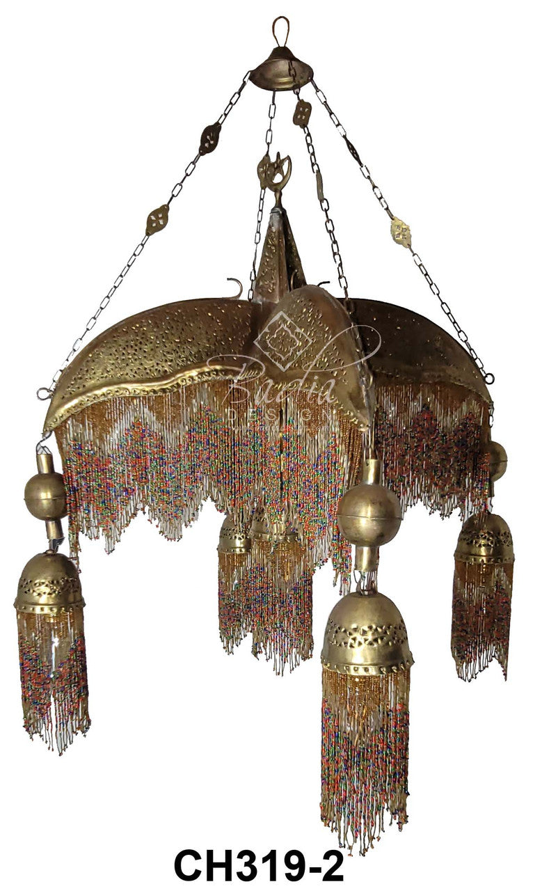 Four Prong Beaded Brass Chandelier