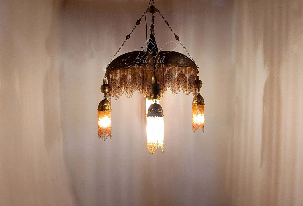 Four Prong Beaded Brass Chandelier