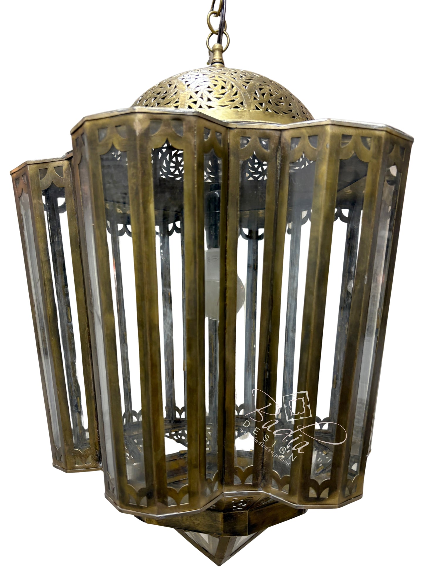 Moroccan Polygonal Brass and Glass Chandeliers