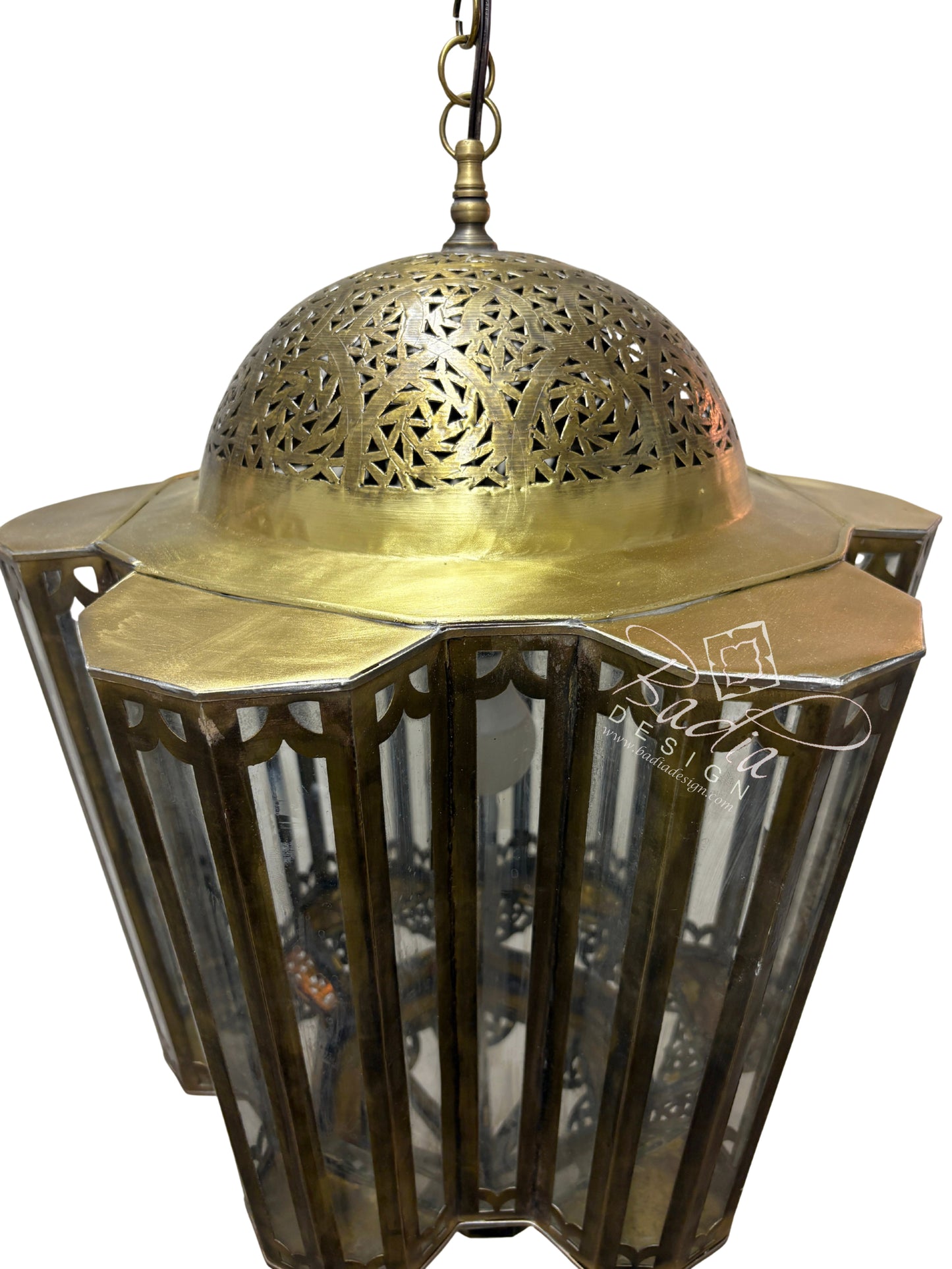 Moroccan Polygonal Brass and Glass Chandeliers