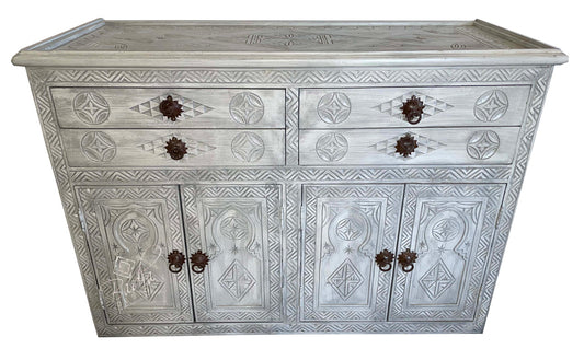 Grey Hand Painted Carved Wood Cabinet