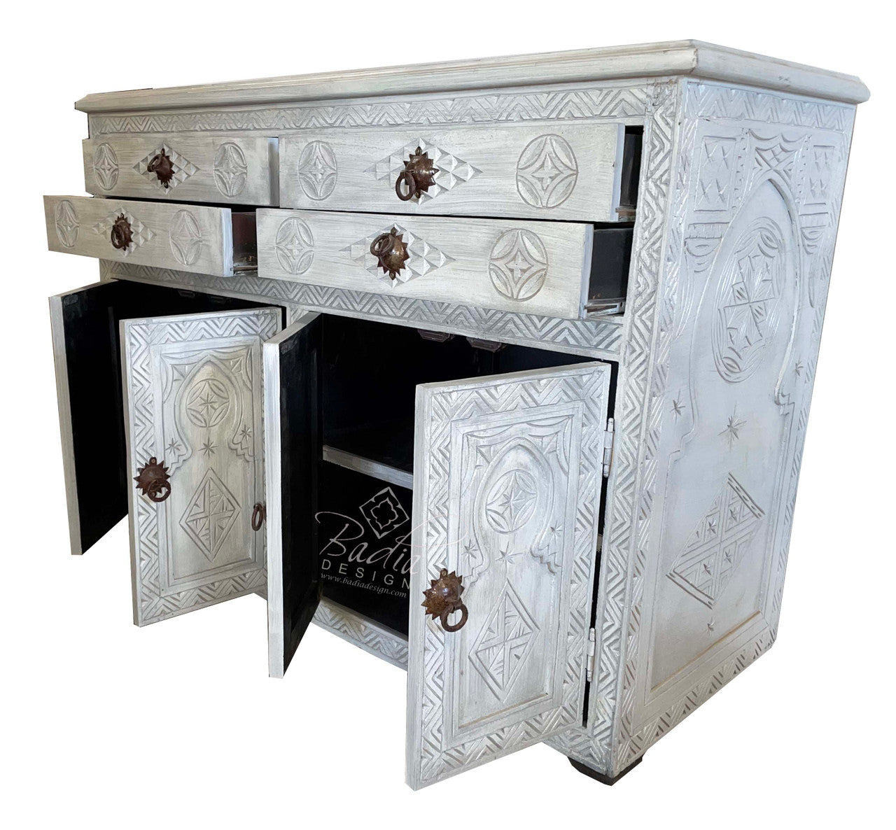 Grey Hand Painted Carved Wood Cabinet