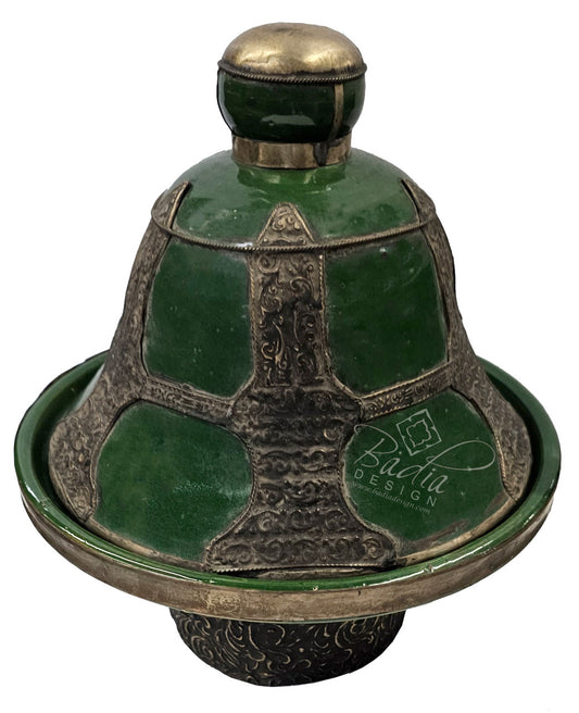 Green Vintage Ceramic Bowl with Metal Decor