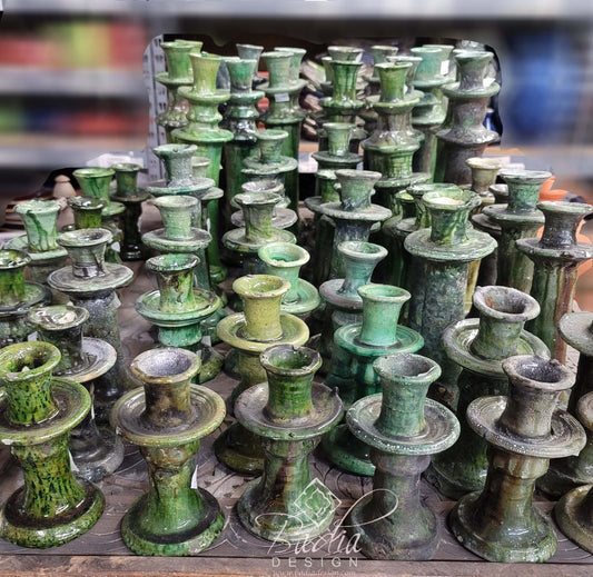 Green Hand Sculpted Glazed Tamegroute Candle Holders