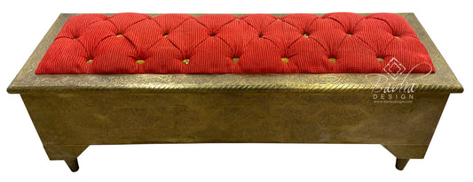 Hand Carved Embossed Brass Bench with Fabric Seat