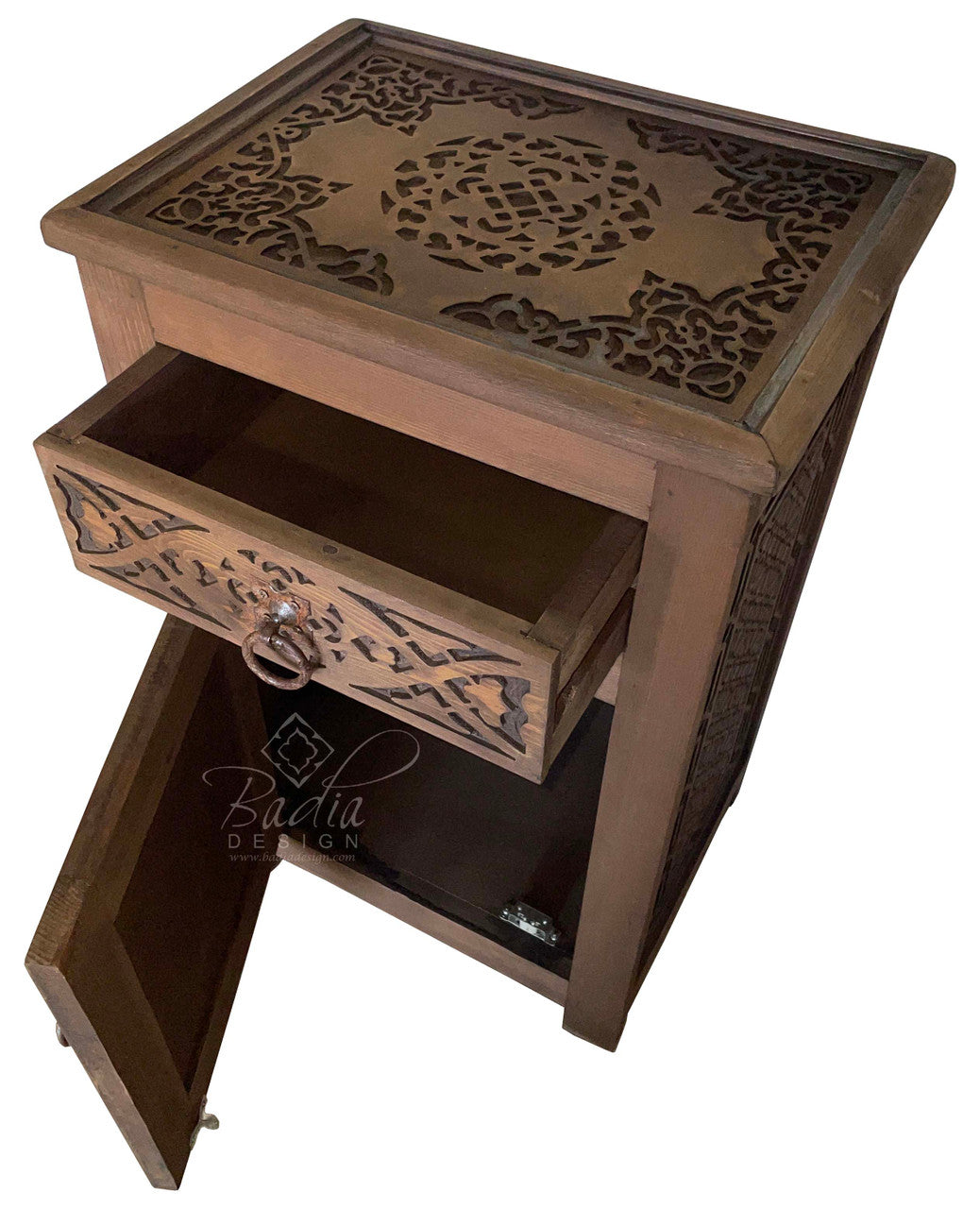 Stained Hand Carved Wooden Nightstand
