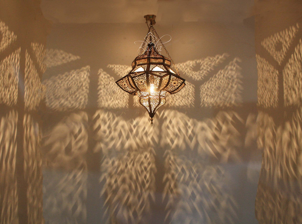 Hand Punched Brass Chandelier with White Glass