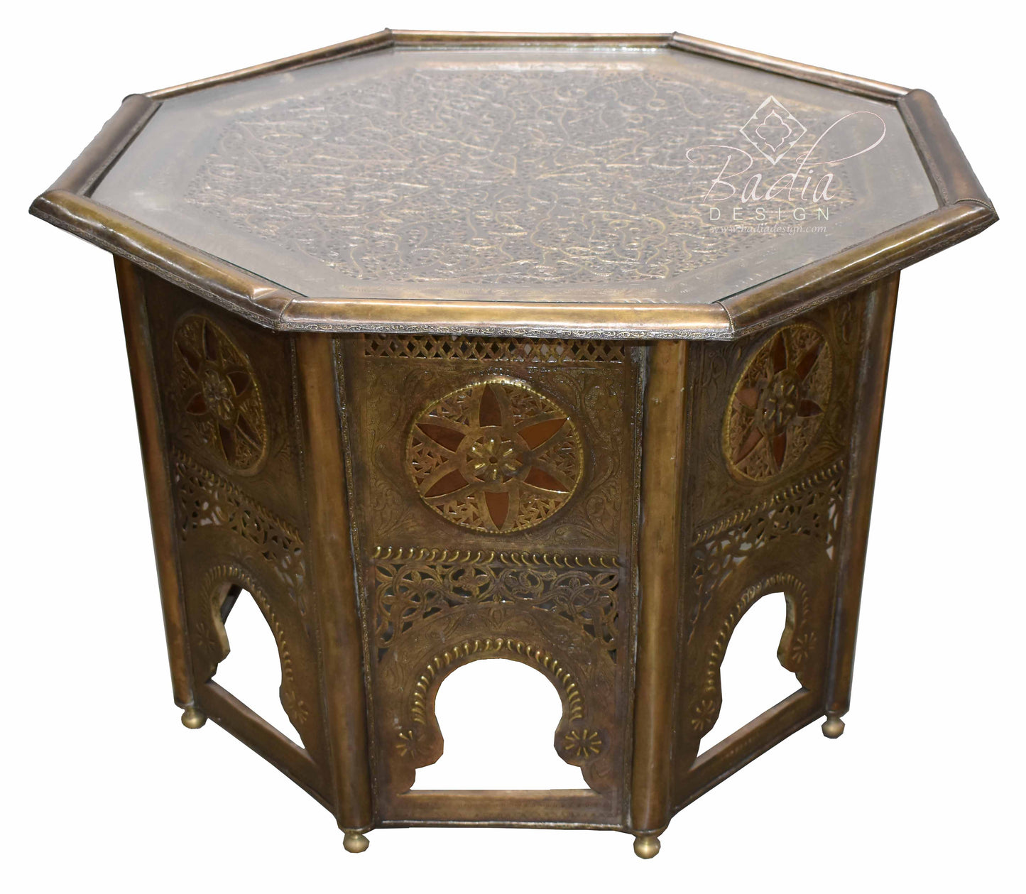 Hand Punched Brass Side Table with Amber Color Glass - B-LT017