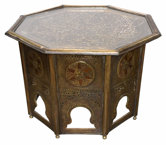 Hand Punched Brass Side Table with Amber Color Glass - B-LT017
