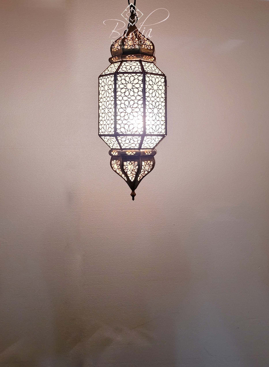 Hanging Brass Lantern with White Glass