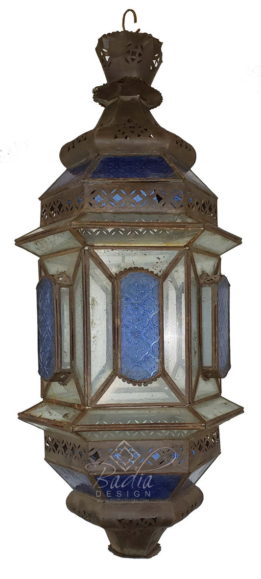 Vintage Hanging Lantern with Blue and White Glass