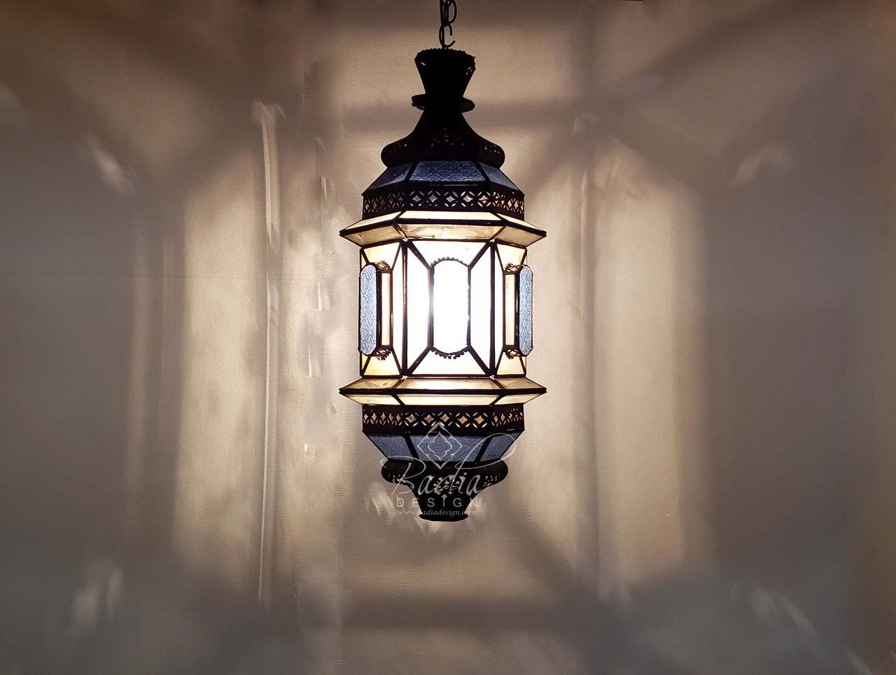 Vintage Hanging Lantern with Blue and White Glass