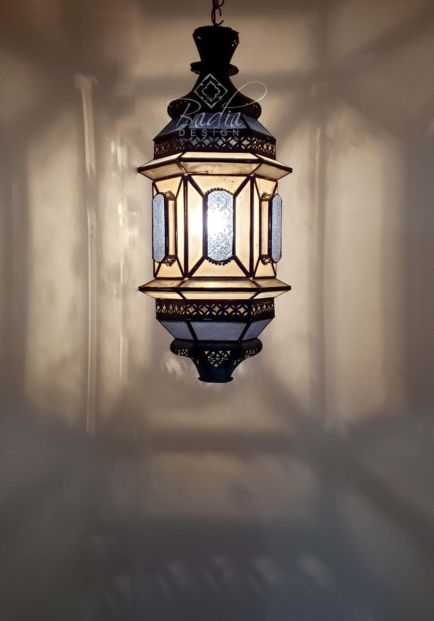 Vintage Hanging Lantern with Blue and White Glass