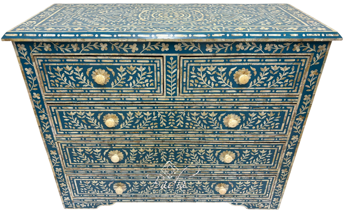 Teal Blue and Ivory Off-White Mother of Pearl Inlay Dresser