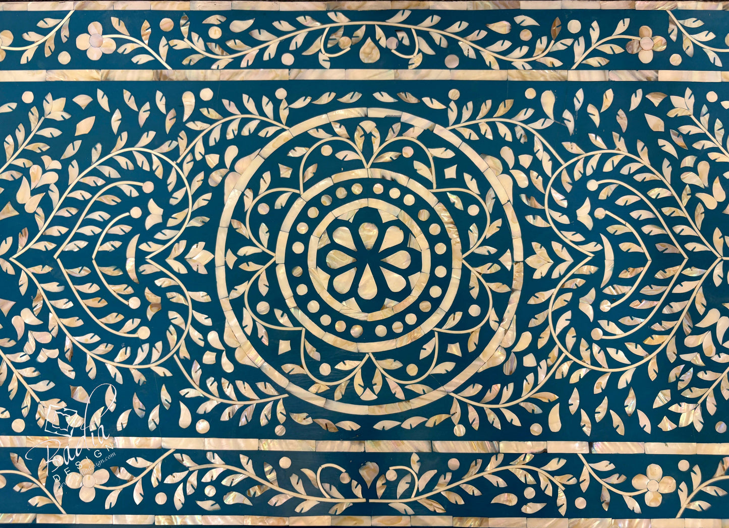 Teal Blue and Ivory Off-White Mother of Pearl Inlay Dresser