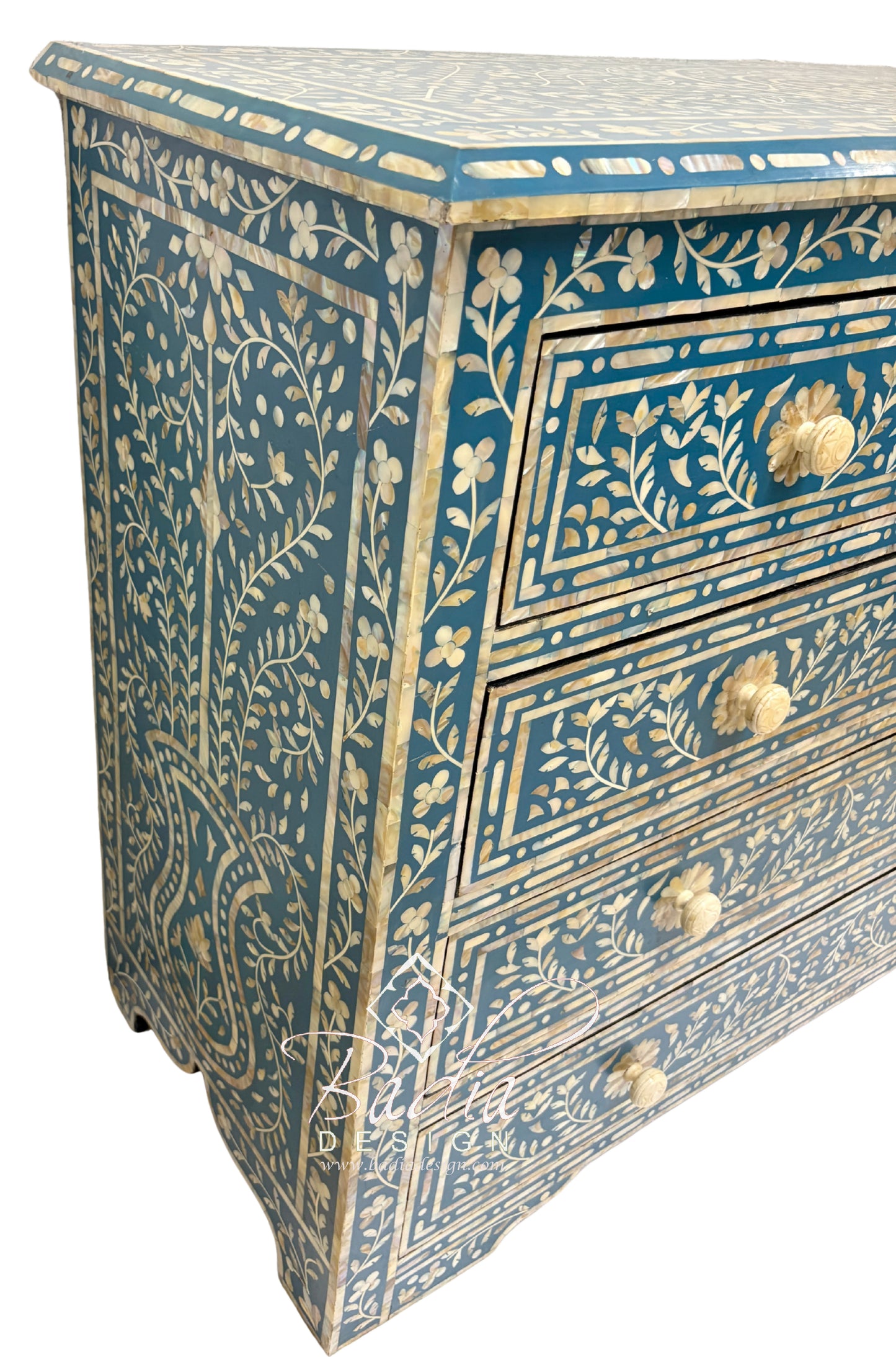 Teal Blue and Ivory Off-White Mother of Pearl Inlay Dresser