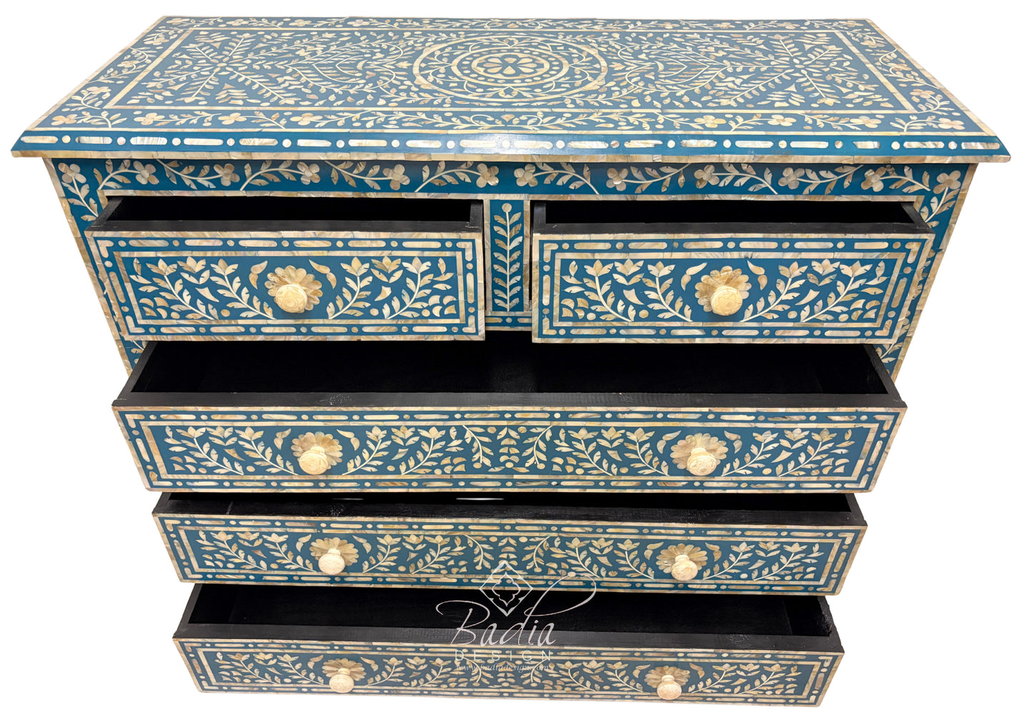 Teal Blue and Ivory Off-White Mother of Pearl Inlay Dresser