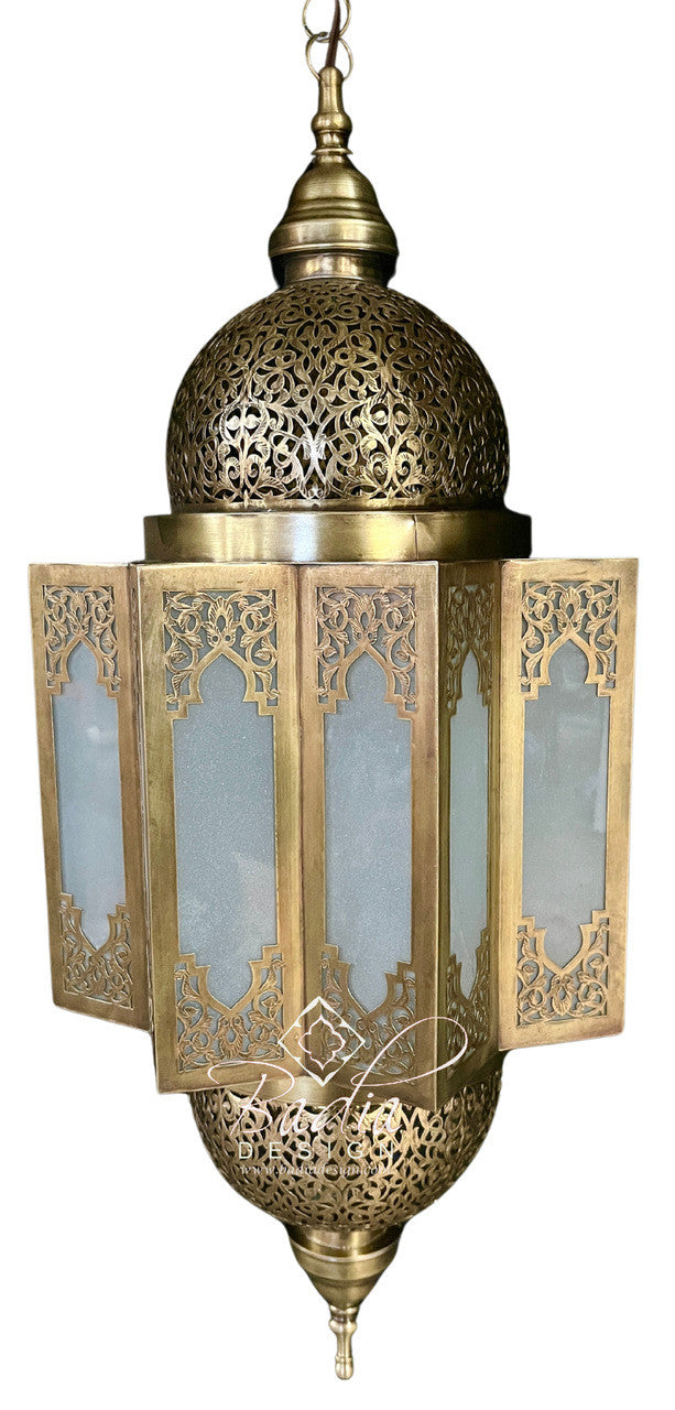 Intricately Designed Brass Chandelier with White Glass