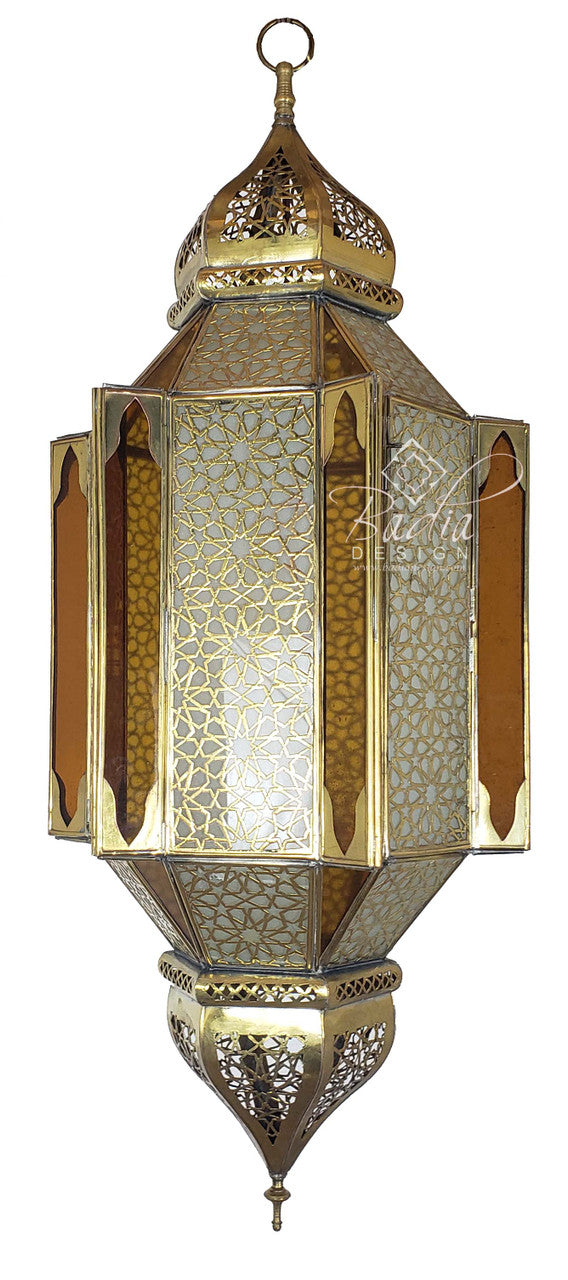 Intricately Designed Brass Chandelier with Amber Color Glass