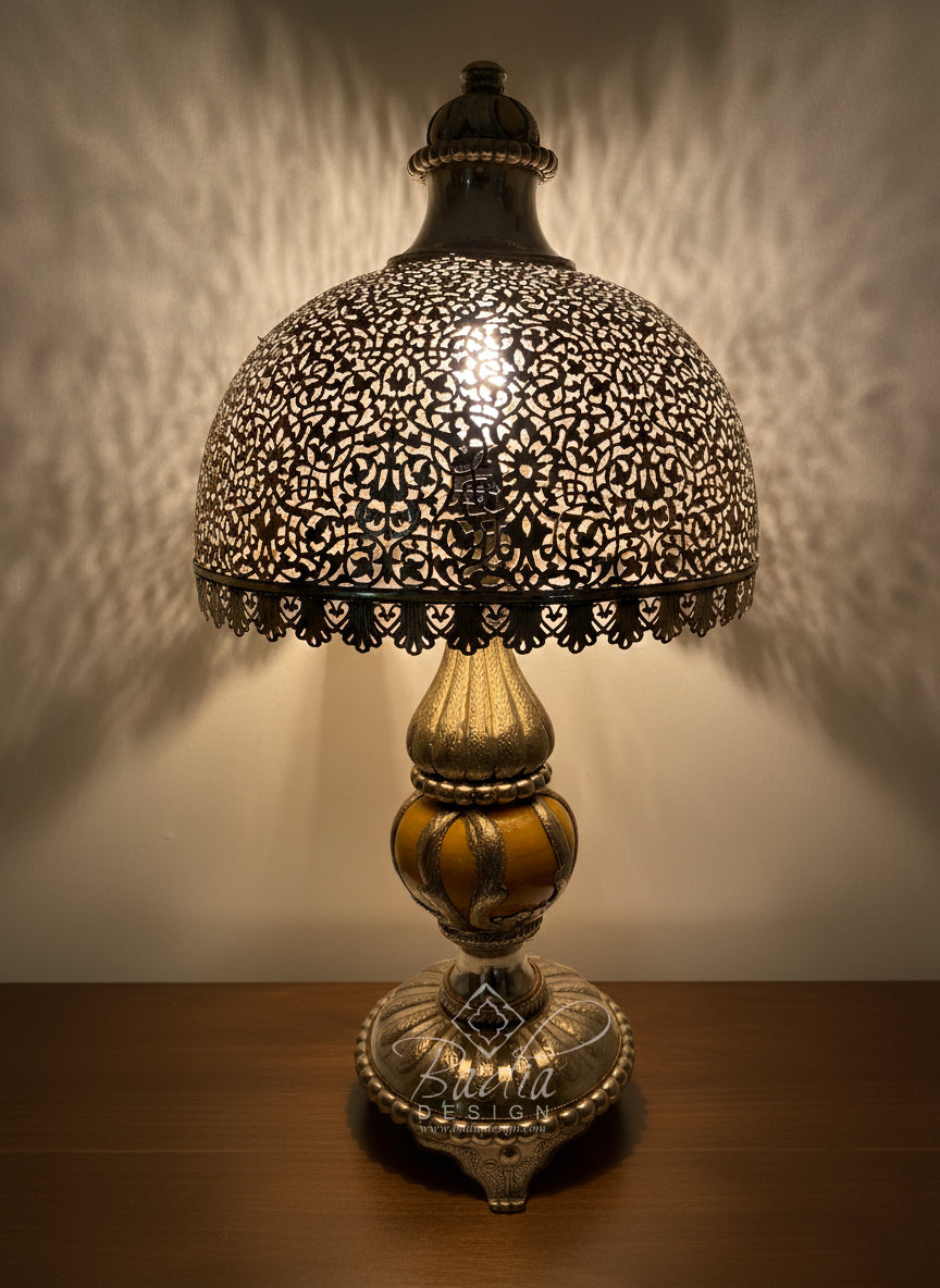 Intricately Designed Silver and Ceramic Desktop Lamp