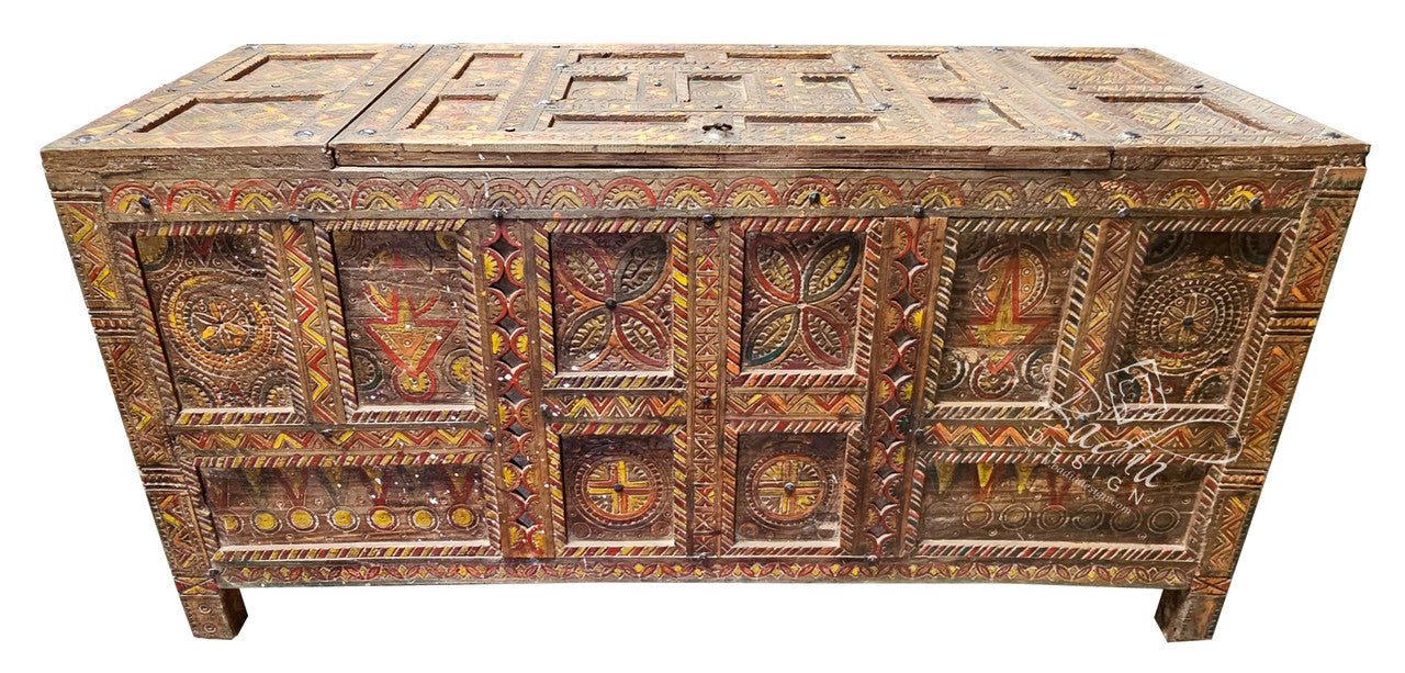 Large Vintage Hand Painted Carved Cedar Trunk