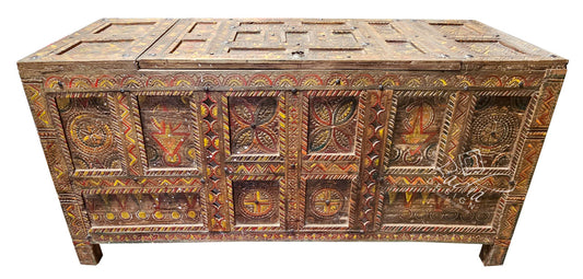 Large Vintage Hand Painted Carved Cedar Trunk