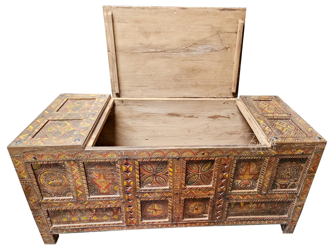 Large Vintage Hand Painted Carved Cedar Trunk