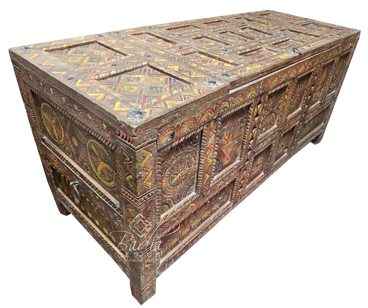 Large Vintage Hand Painted Carved Cedar Trunk