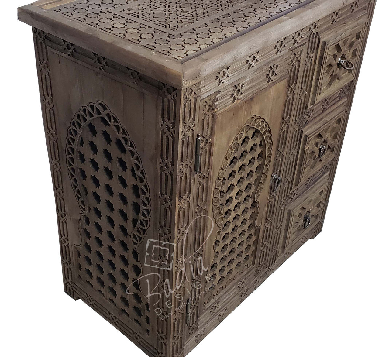Light Stained Hand Carved Wooden Cabinet