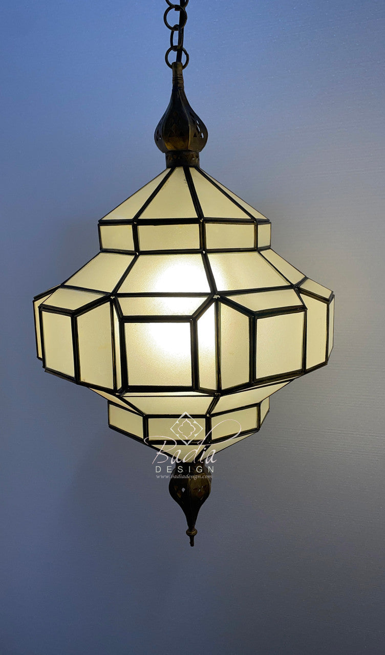 Hanging Brass Lantern with White Glass