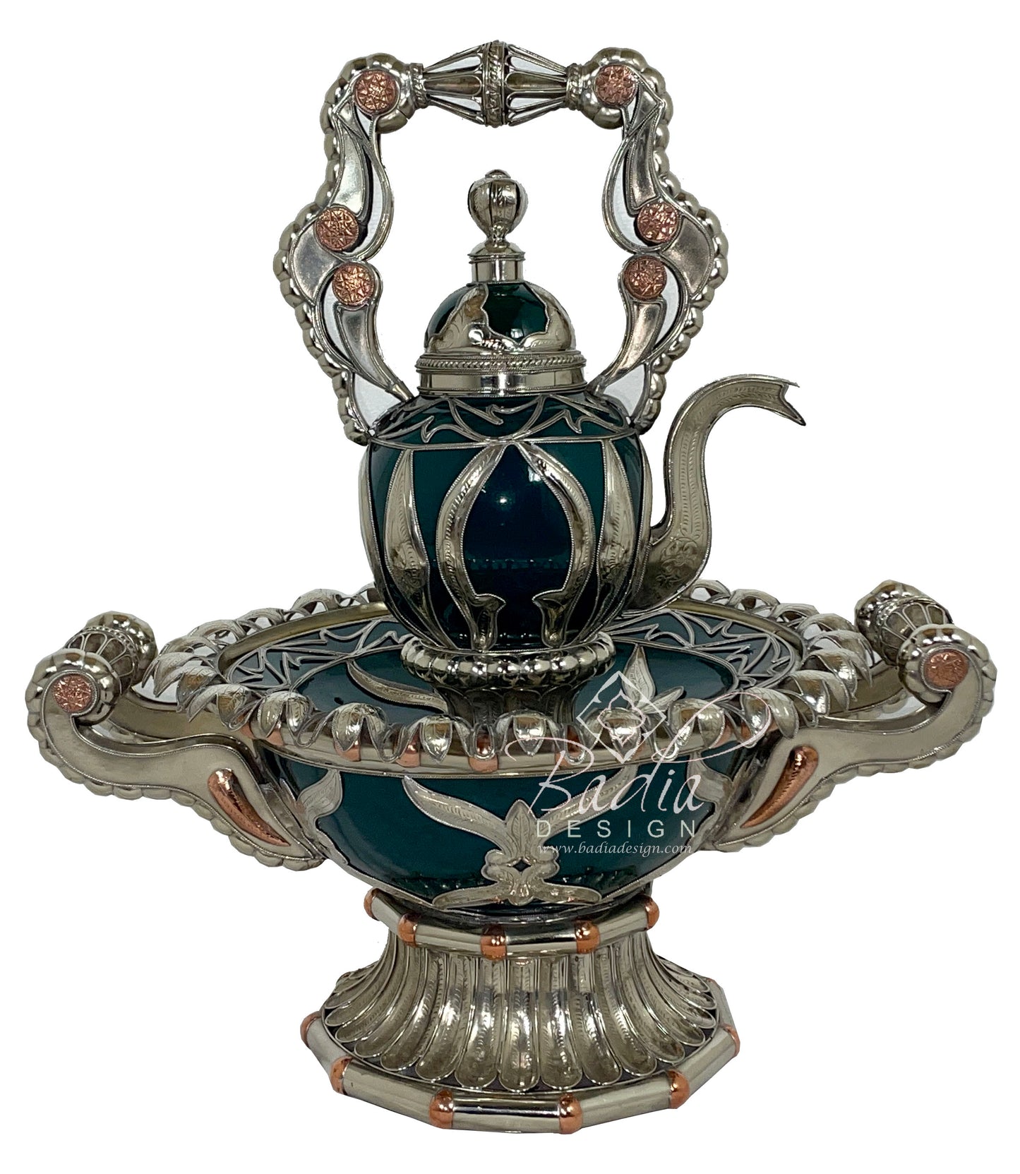 Intricate Metal Inlay Green Ceramic Teapot with Basin