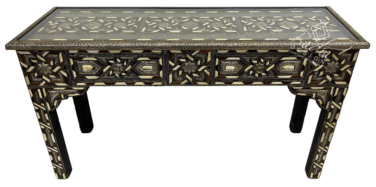 Metal and Bone Inlay Console with Two Drawers