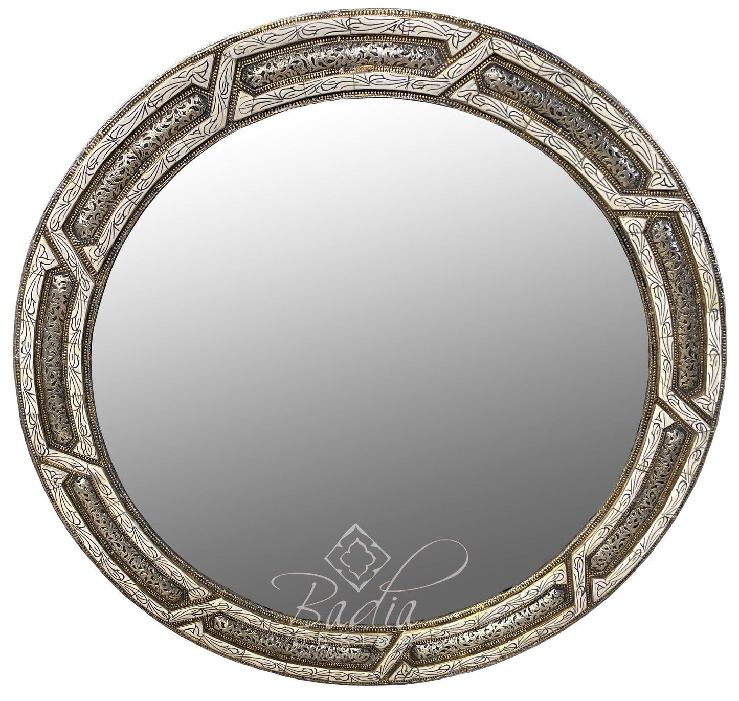 Round Metal and White Bone Mirror
