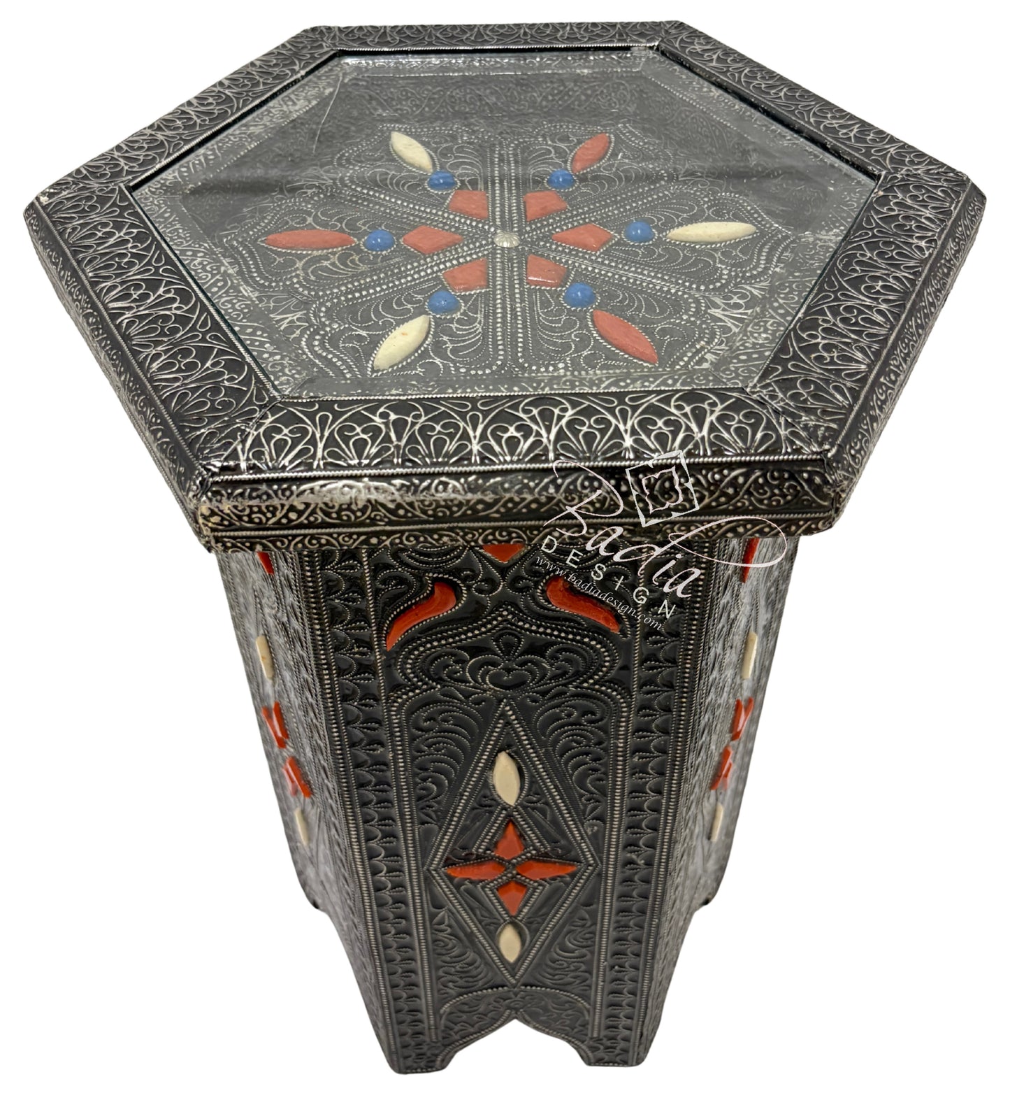 Octagon Shaped Metal and Bone Side Table with Glass Top