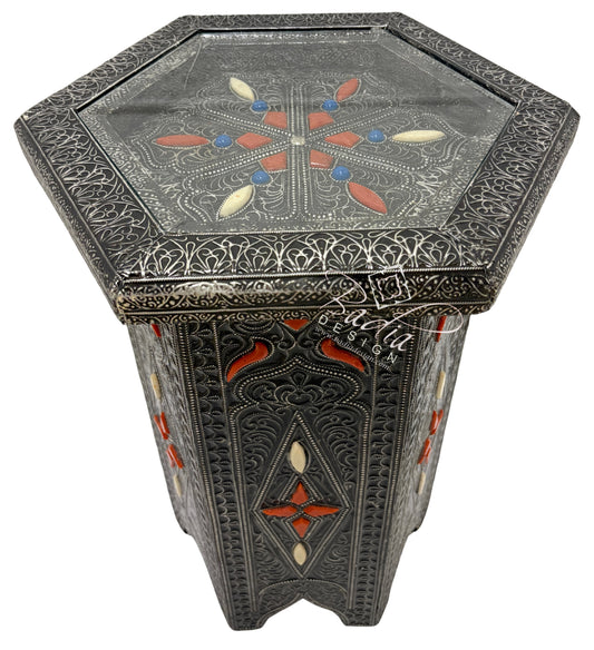 Octagon Shaped Metal and Bone Side Table with Glass Top