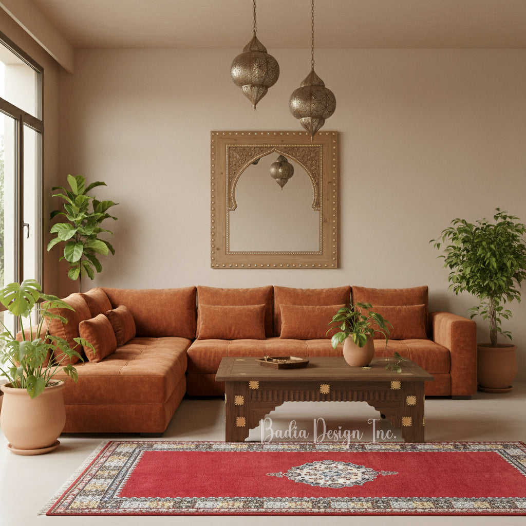 Red Runner Rug with Multicolor Geometric Designs