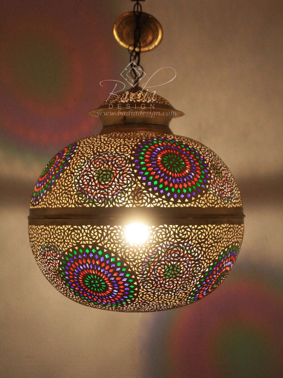 Round Brass Chandelier with Multi Color Glass