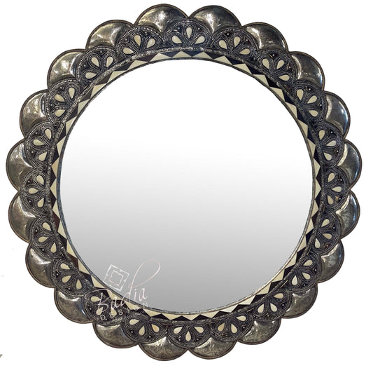Round Metal and White Bone Mirror