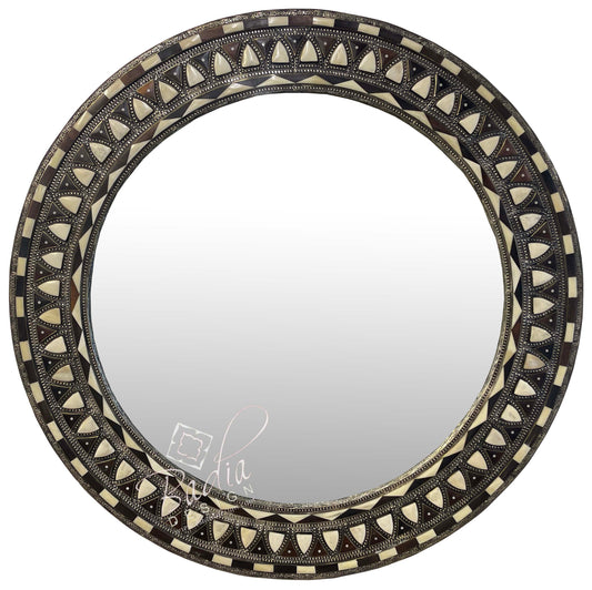 Round Metal and White Bone Mirror