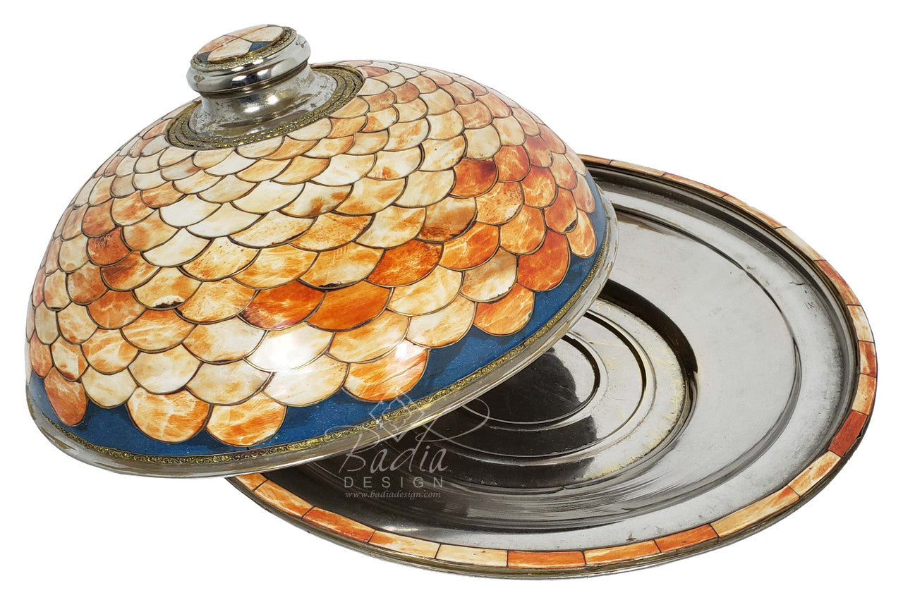Round Silver Metal and Orange Bone Inlay Tray