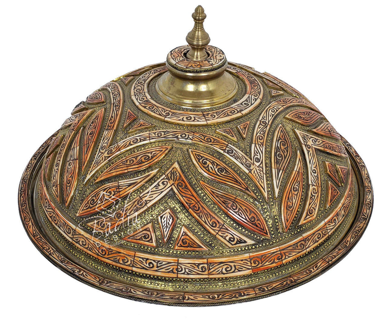Large Round Silver Brass and Orange Bone Inlay Tray