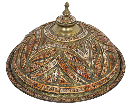 Large Round Silver Brass and Orange Bone Inlay Tray