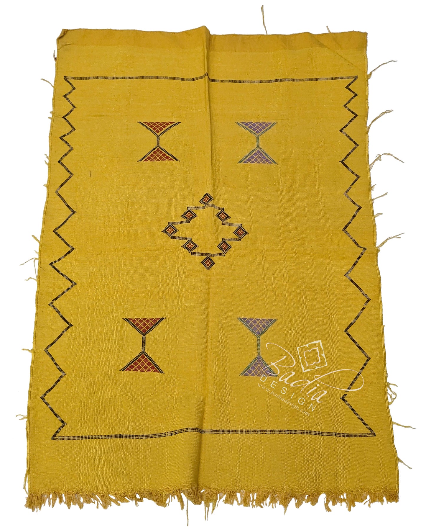 Yellow Tribal Rug with Embroidered Geometric Designs
