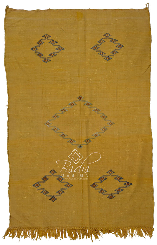 Yellow Tribal Rug with Embroidered Geometric Designs