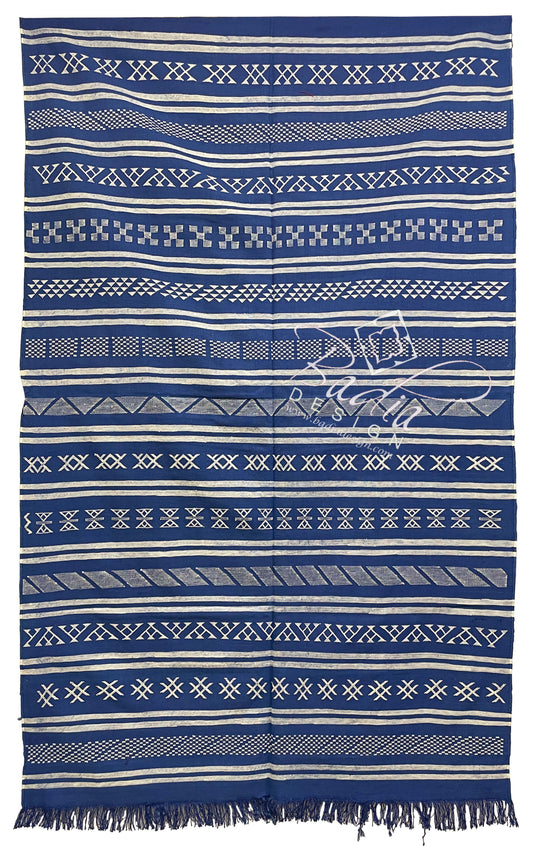 Blue and White Tribal Rug with Geometric Designs